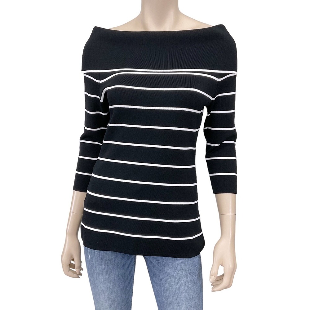 Venini Sweater Women Large Black 3/4 Sleeve Stripe Boatneck Off Shoulder NWT